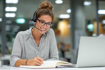 Smiling woman with headset, glasses, and pen, taking notes at a laptop in a modern office setting