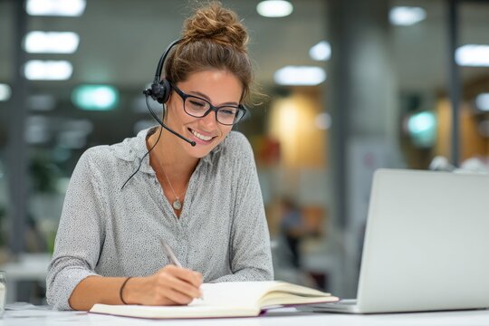 Smiling woman with headset, glasses, and pen, taking notes at a laptop in a modern office setting - Powered by Adobe