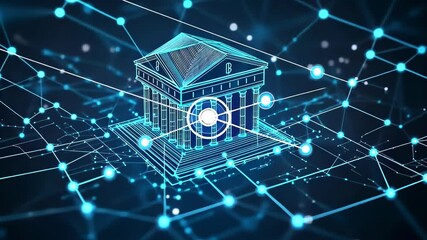 Neon digital bank graphic in blue, linked network, futuristic architecture design - Powered by Adobe