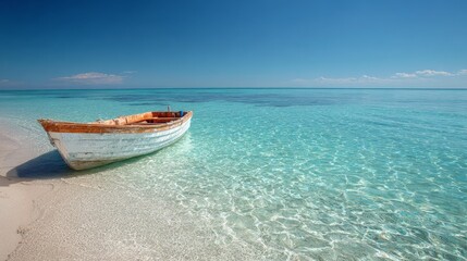 Naklejka premium Lonely boat on pristine tropical beach with crystal clear turquoise water