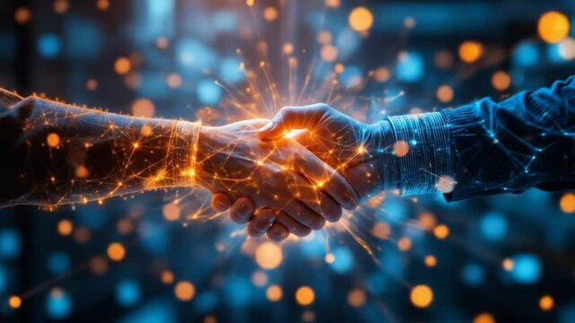 Handshake between virtual human forms. Glowing digital particles merge, forming an online connection of agreement. 4k video