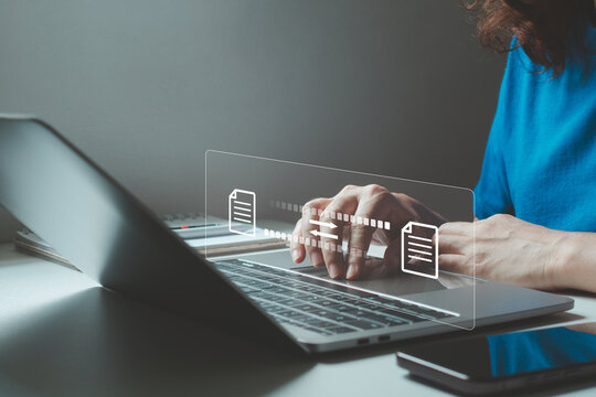 Woman using laptop to transfer data file with cloud backup system, digital document sharing, online business technology communication process, secure transmission protocol, cyberspace network platform - Powered by Adobe
