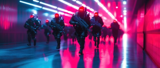 Fototapeta premium Futuristic soldiers running through a neon lit corridor