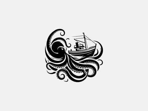 Vintage nautical octopus attacking ship vector logo for rum brands or pirate merchandise