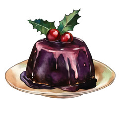 Plum pudding watercolor illustration isolated on transparent background, perfect for holiday menus and festive decor. PNG format.