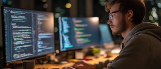Focused programmer working late on software development project