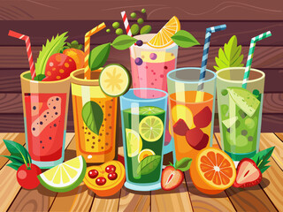vector of Set of various fresh iced fruit drinks decorated with straws on wooden background.