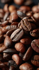 Naklejka premium A close up of dark brown roasted coffee bean. Whole beans detail. Morning beverage ingredient background for menu design.