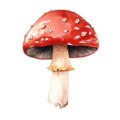 Red mushroom watercolor illustration for forest, fairytale, or autumn themes. PNG transparent background.