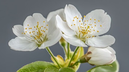 Closeup of Two Delicate White Cherry Blossoms
