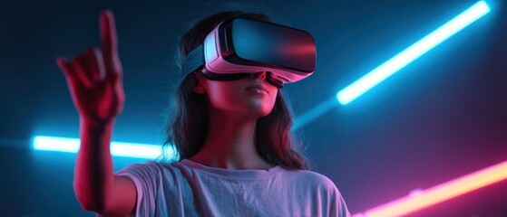 Woman using virtual reality headset in neon light setting