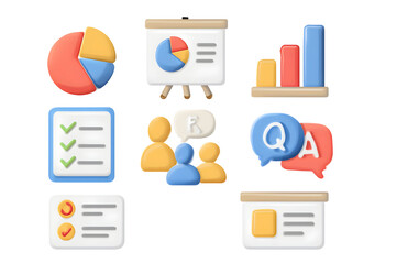 Cartoonish 3D office icons; pie chart, graph, Q&A, meeting, checklist, presentation