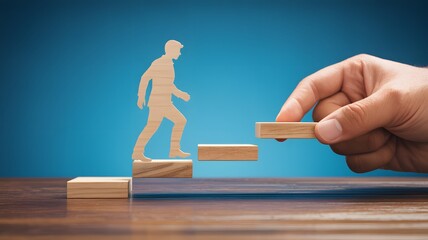 Business Concept With Hand Placing Wooden Blocks To Support Walking Figure Representing Career Growth Coaching Development Success

