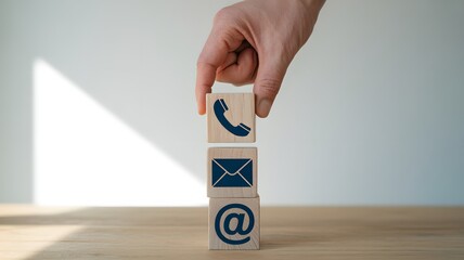 Hand Stacking Wooden Blocks With Contact Icons Phone Email At Symbol Representing Communication Connection Support And Networking

