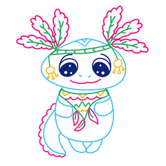 Very cute little humble axolotl, standing in traditional Indian costume, color outline