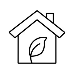 Minimalist line art icon of an eco house with a leaf inside, representing sustainable living, green construction, and environmental responsibility. Isolated on a white background. 
