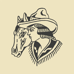 Western cowgirl with a hat embracing her horse, vintage hand-drawn black-and-white illustration. Perfect for rodeo, country life, and wild west themes.