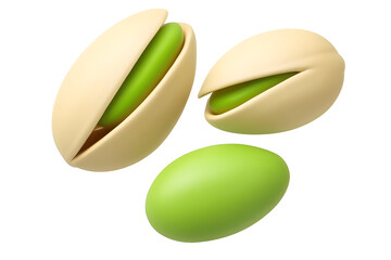 Three pistachios, two cracked open, one whole, against a black backdrop