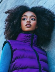 Beautiful Young Woman with Curly Hair in Purple Puffer Vest