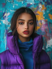 Beautiful Young Woman in Purple Vest and Blue Sweater Against Graffiti Wall