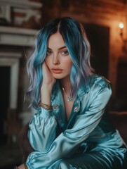 Elegant Woman with Blue Hair in Satin Outfit