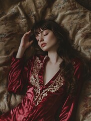 Elegant Woman in Red Velvet Gown Resting on Bed