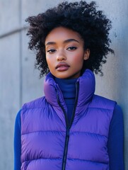 Confident Young Woman in Purple Vest and Blue Turtleneck