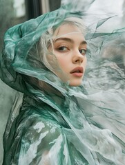 Ethereal Beauty: Woman with Flowing Green Fabric