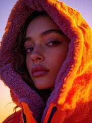 Portrait of a Young Woman in a Warm Orange and Pink Hooded Jacket
