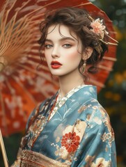 Elegant Woman in Kimono Holding a Parasol