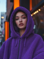 Stylish Young Woman in Purple Hooded Sweatshirt