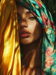 Portrait of a Woman with Floral Scarf and Golden Fabric