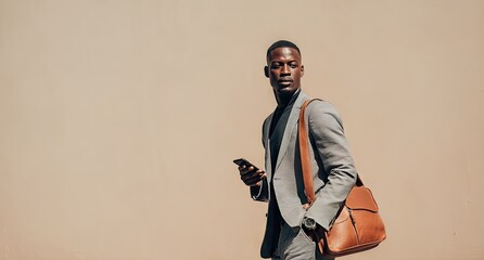 A stylish Black man in a gray suit and brown leather messenger bag holds a phone, walking against a tan wall in bright sunlight, subtly glancing back