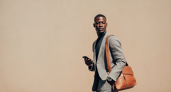 A stylish Black man in a gray suit and brown leather messenger bag holds a phone, walking against a tan wall in bright sunlight, subtly glancing back - Powered by Adobe