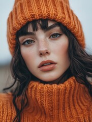 Portrait of a Beautiful Woman in Orange Winter Outfit