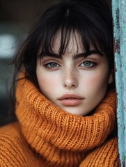 Portrait of a Beautiful Woman in an Orange Turtleneck Sweater