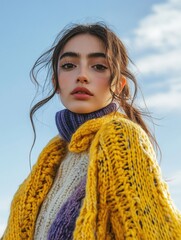 Portrait of a Beautiful Young Woman in a Yellow Sweater Against a Blue Sky