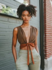 Stylish Woman in Brown Top and Green Pants Posing Outdoors