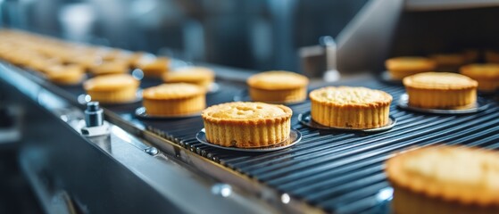 Golden brown tarts on conveyor belt food production and bakery industry