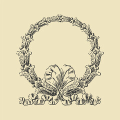 Elegant vintage wreath frame with intricate floral and ribbon details, perfect for decorative design, invitations, and classical art projects.
