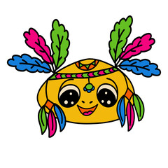 head of a cheerful axolotl in a traditional indian headdress