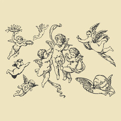 Vintage illustration of flying cherubs and angels, featuring detailed classical engraving style, ideal for romantic, religious, and decorative designs.