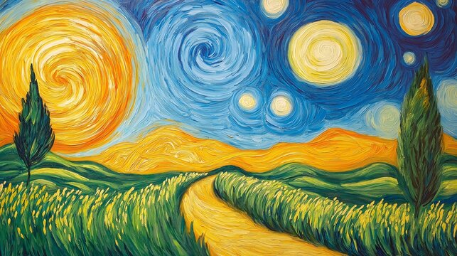 Colorful impressionist landscape painting with swirling sky and countryside path