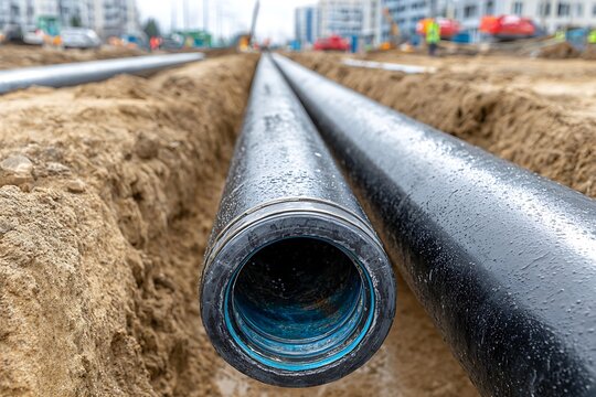 Elegant pipes insulated construction trench urban heating view  
