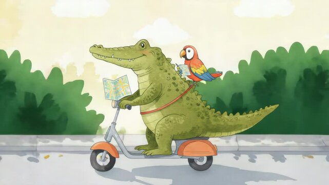 Watercolor Crocodile Smiling on Scooter with Parrot Holding Map along Sunny Flower-Lined Path