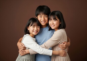 Happy Siblings Hugging Portrait. A heartwarming scene of three delightful youngsters embracing warmly. Their bright grins convey pure joy and a loving family connection.