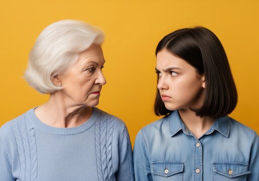 Grandmother Granddaughter Conflict. Two women from different age groups face off, their intense expressions suggesting a vast social divide, family dispute, or communication challenge. - Powered by Adobe