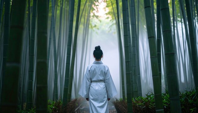 竹林に漂う霧と白い着物の影
