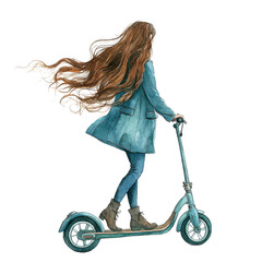 Woman with long hair riding a scooter, watercolor illustration isolated on transparent background. Perfect for lifestyle or city commuting themes.