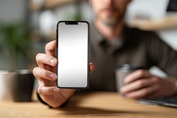 A man's hand displays a smartphone with a blank screen, slightly blurred background showing a coffee cup and laptop